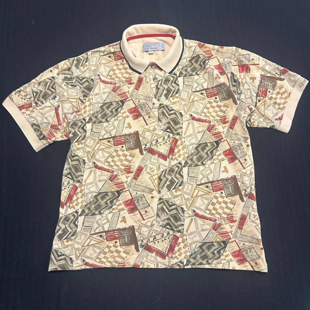 Greg Norman Vintage Geometric Abstract Print Cotton Polo Shirt Tan Mens Small
